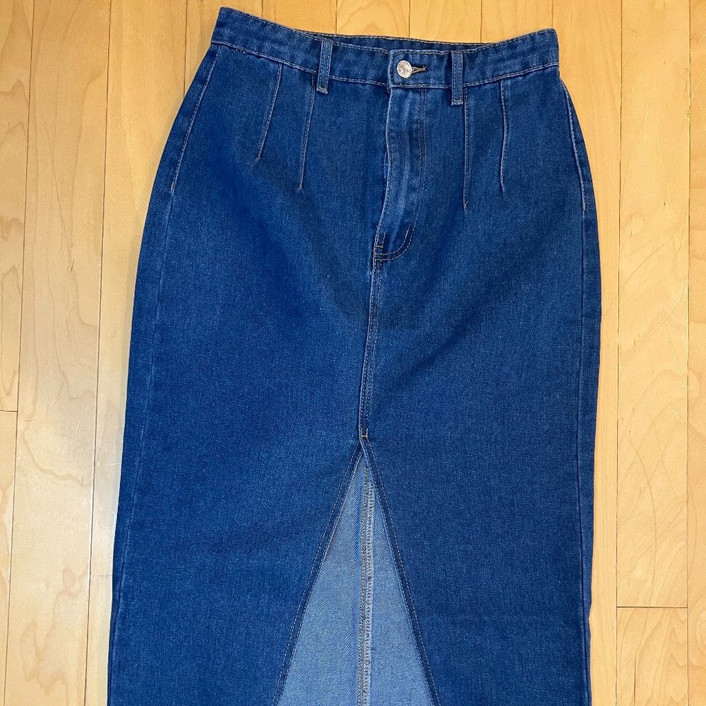 Long split front denim skirt